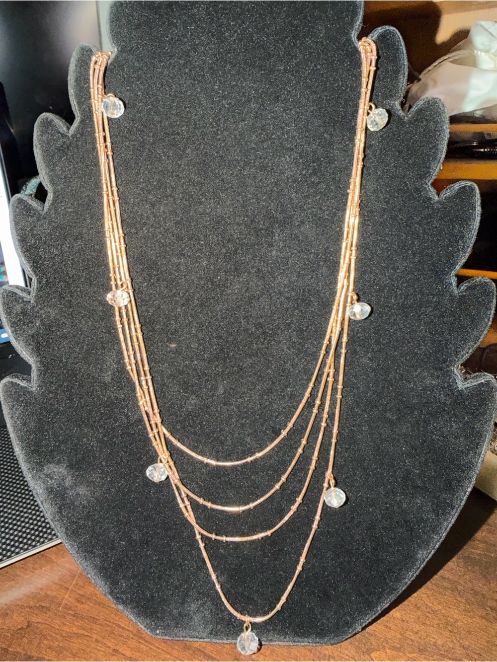 Layered Rose Gold Multi-Strand Necklace with Crystal Drops